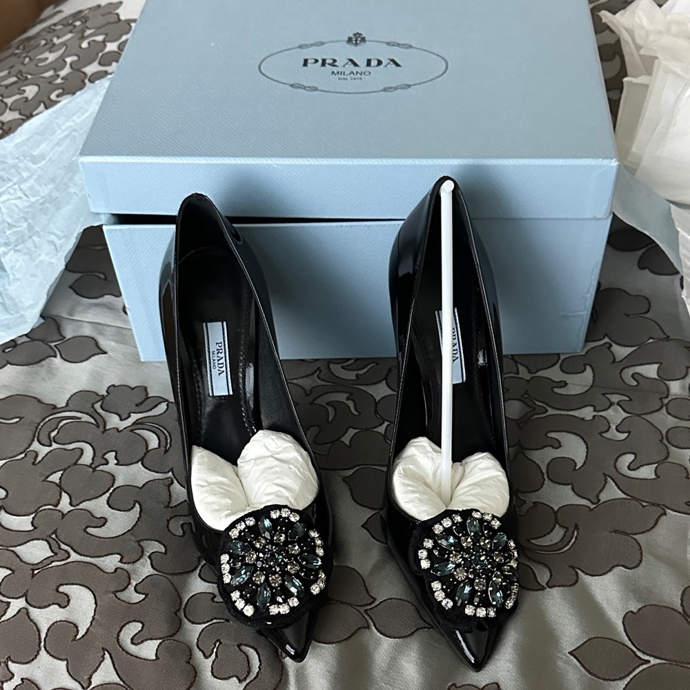 Prada Black and White Embellished Heels